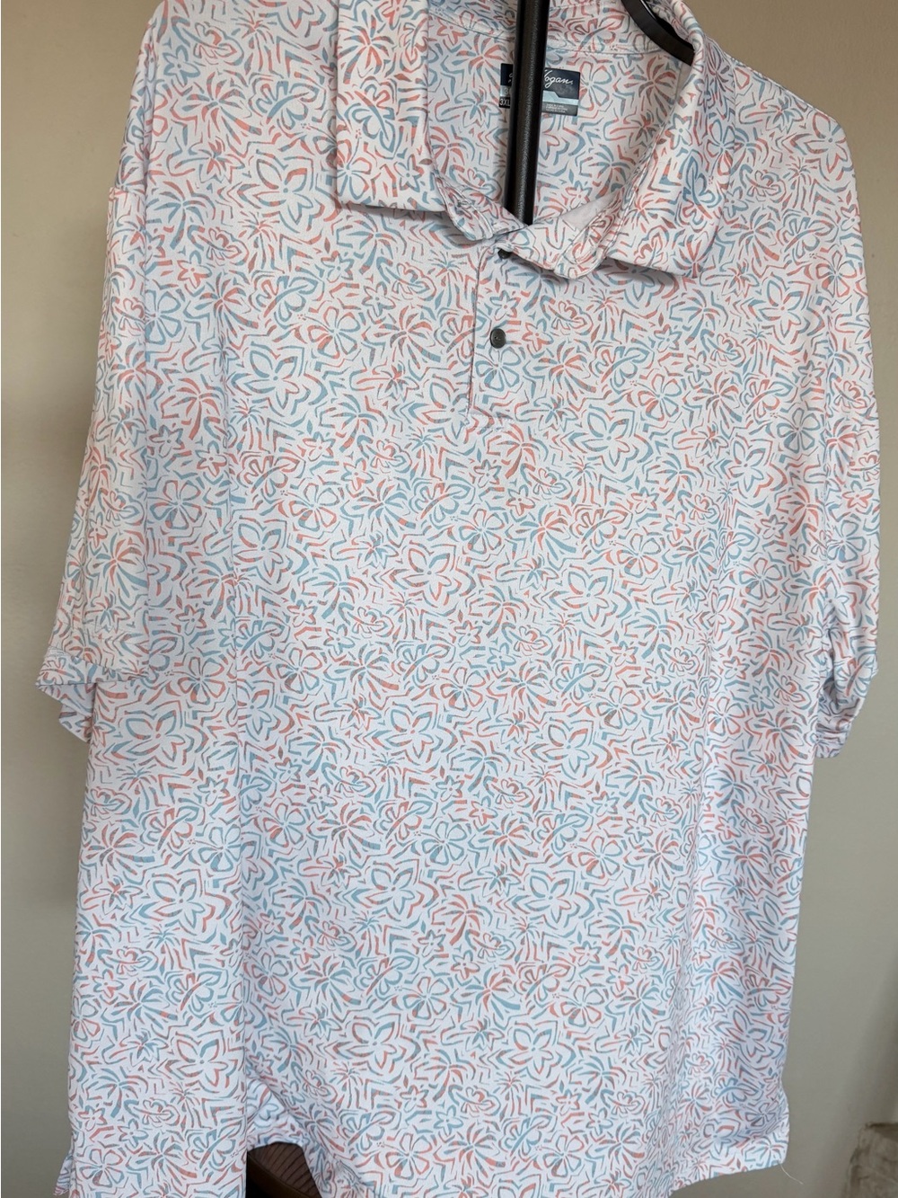 Hogan Men’s Polo Shirt in White with Coral and Light Blue Floral Print